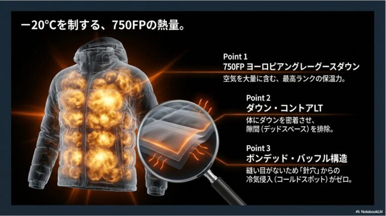 750フィルパワーのダウン、ダウン・コントアLT、コールドスポットをゼロにするボンデッド・バッフル構造を図解したスライド