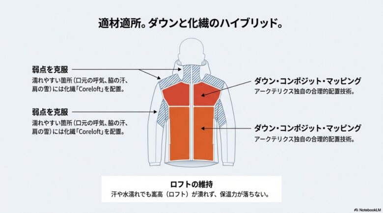濡れやすい箇所に化繊Coreloft、保温が必要な箇所にダウンを配置するハイブリッド技術の解説画像