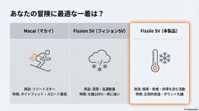 マカイ、フィションSV、フィシルSVの用途と特徴を比較したスライド画像。