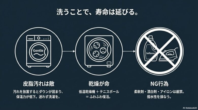 低温乾燥機とテニスボールの使用、柔軟剤やアイロンの禁止事項をアイコンで示したメンテナンスガイド。