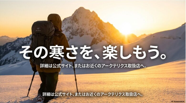 「その寒さを、楽しもう。」というメッセージとともに、公式サイトや店舗への案内を記したスライド。