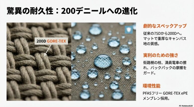 200D GORE-TEX生地のクローズアップ。マットで重厚なキャンバス地の質感と、枝や摩擦からガードする耐久性の解説。