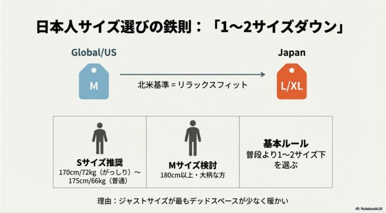 北米基準のリラックスフィットを考慮した、日本人向けのサイズ選びガイド。175cm前後ならSサイズ推奨などの具体的な目安。