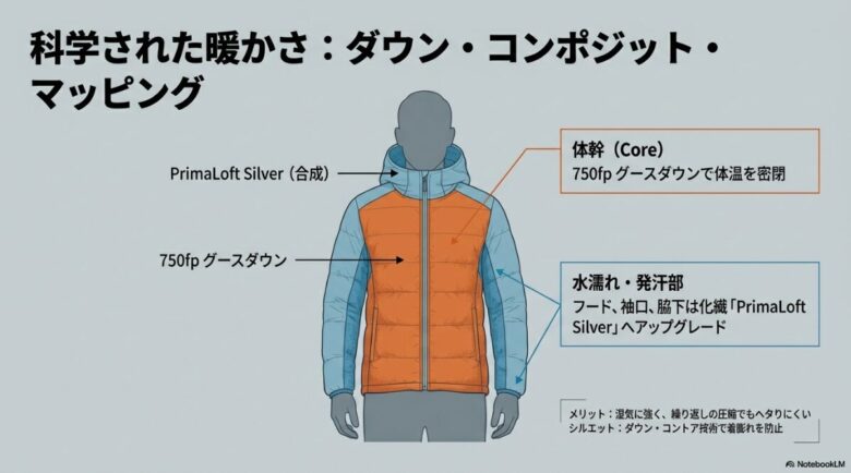 体幹に750fpダウン、フードや袖口にPrimaLoft Silverを配置したハイブリッド構造の断面図