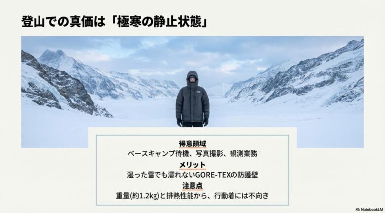 ベースキャンプ待機や写真撮影には最適だが、重量や排熱性の面で行動着には不向きであることを示す登山運用ガイド。