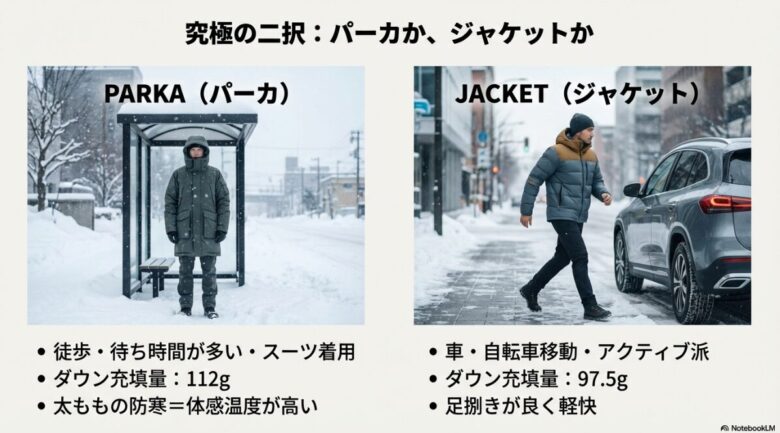徒歩移動やスーツ着用ならパーカ、車・自転車移動ならジャケットというライフスタイル別のおすすめ比較。