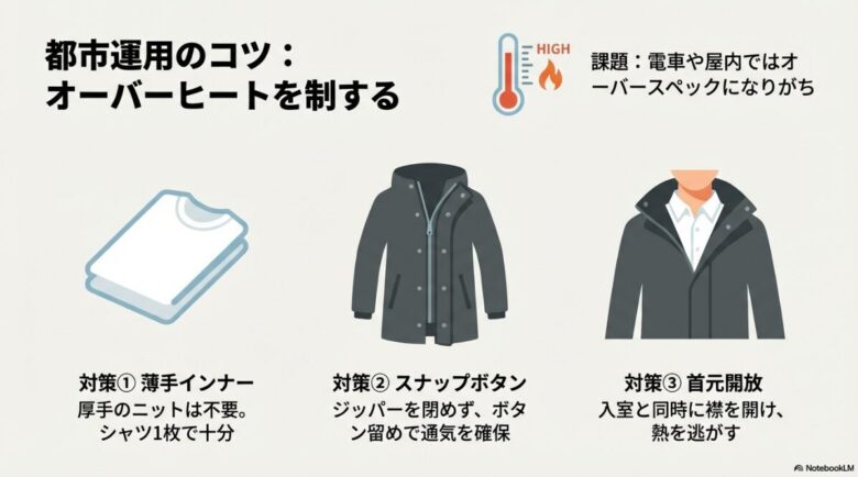 電車内などのオーバーヒートを防ぐための、薄手インナー、スナップボタン活用、首元開放という3つの対策。
