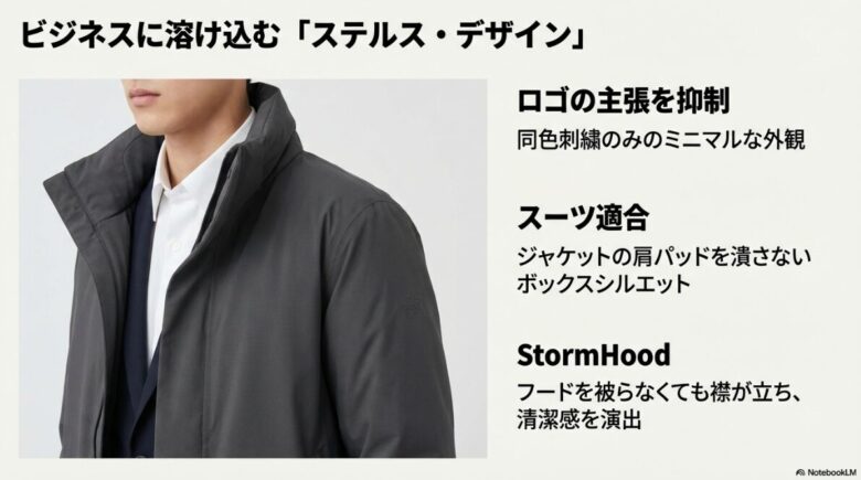 ロゴを抑制したミニマルな外観と、スーツの肩パッドを潰さないボックスシルエット、清潔感を演出する襟の立ち方の解説。