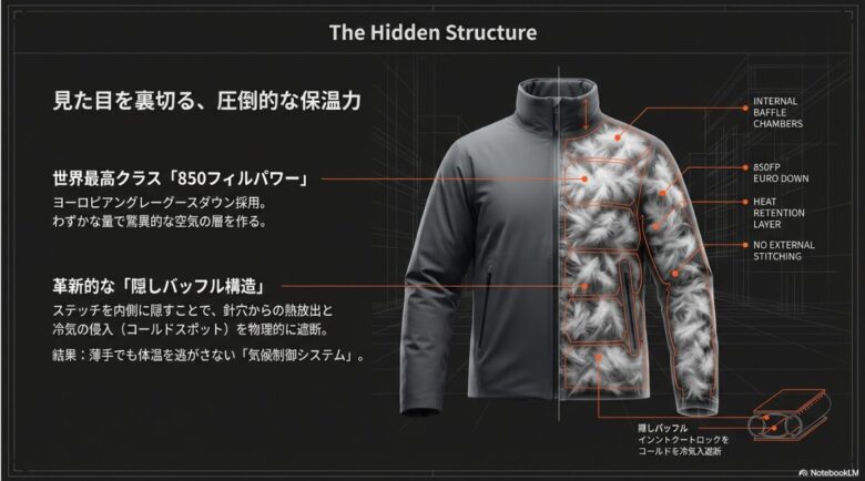ジャケットの内部構造を透過した図。850フィルパワーのダウンが詰まった隠しバッフル構造により、ステッチ（縫い目）からの熱放出を防ぐ仕組みが解説されている