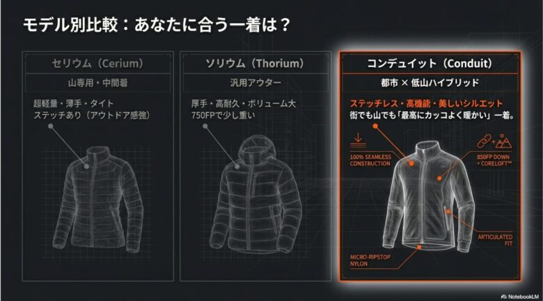 セリウム、ソリウム、コンデュイットの3つのモデルを、用途・重量・外観で比較した図解。コンデュイットが都市と山のハイブリッドであると示されている