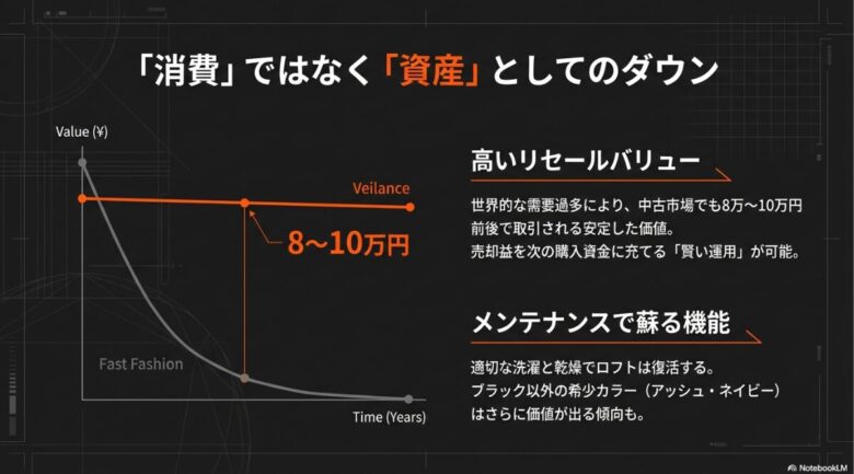 ファストファッションとヴェイランスの価値低下を比較したグラフ。ヴェイランスは時間が経過しても8〜10万円前後の高い中古価値を維持する様子が描かれている