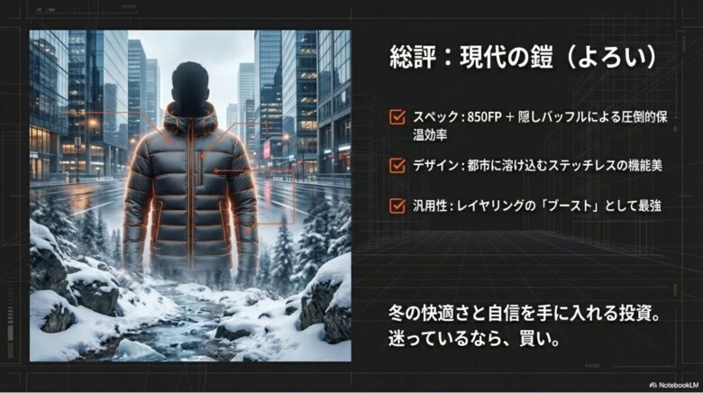 都市と雪山の背景に重なるコンデュイットダウンの画像。850FP、隠しバッフル、ステッチレスなどの特徴が「現代の鎧」としてまとめられている